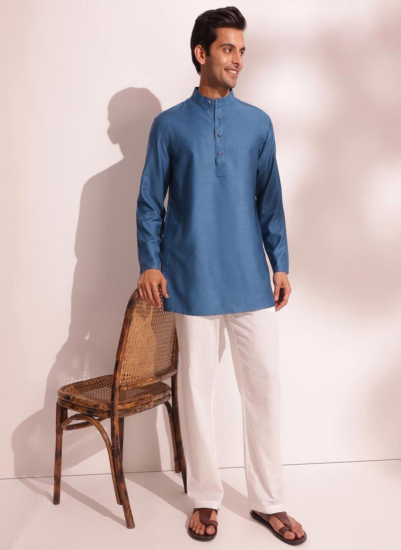 Blue Viscose Silk Regular Fit Short Kurta