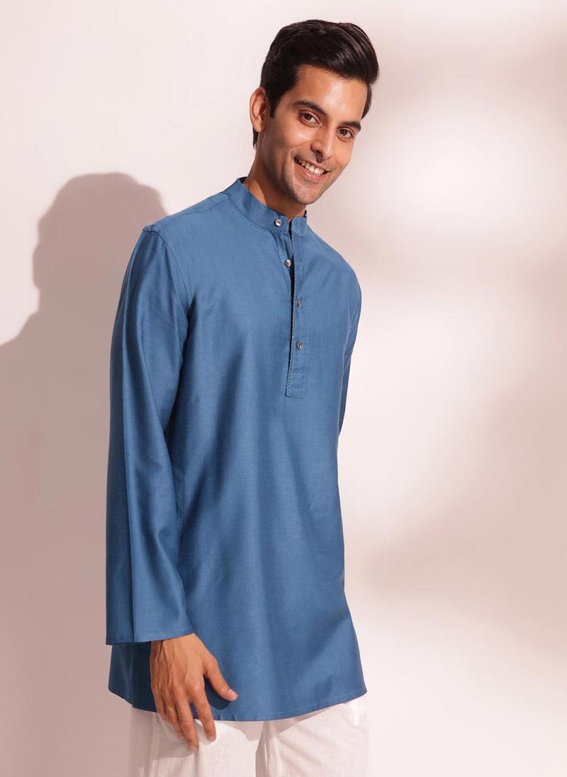 Blue Viscose Silk Regular Fit Short Kurta