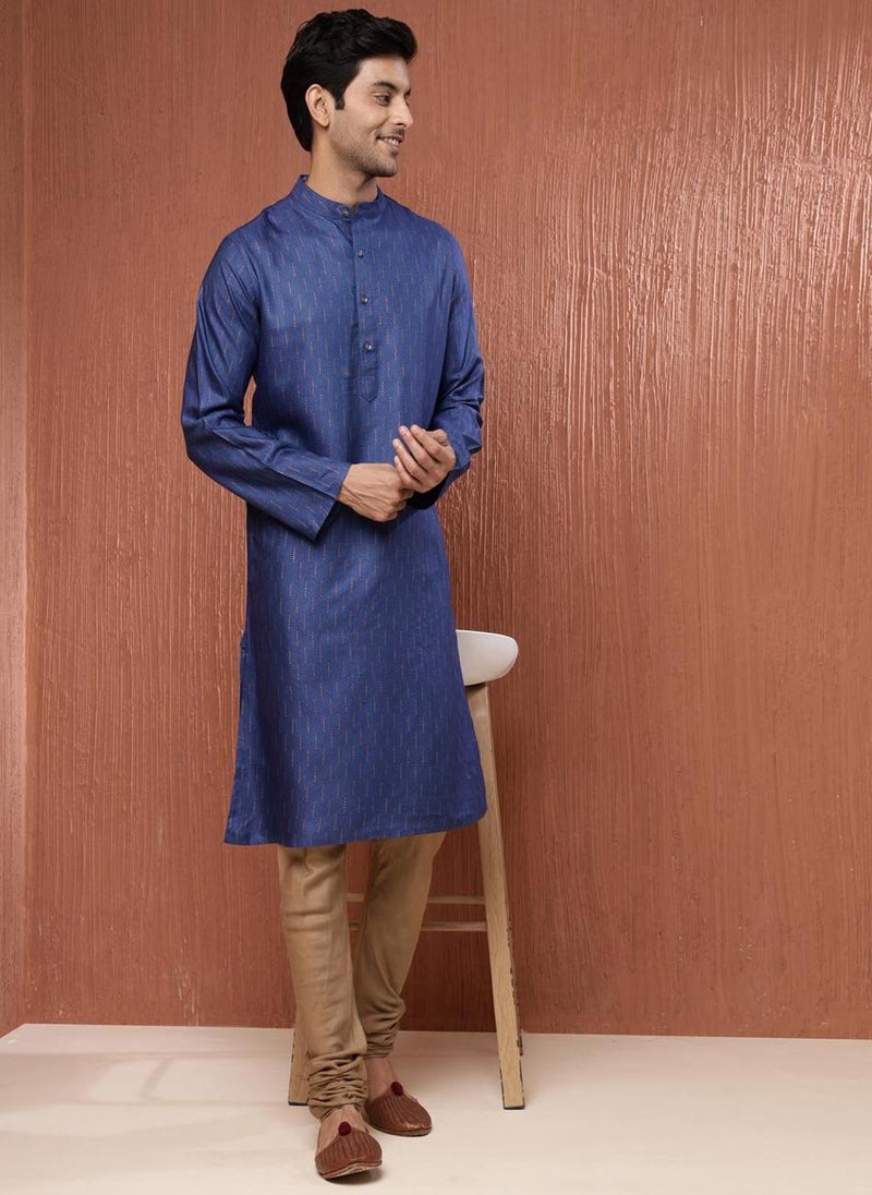 Blue Viscose Silk Hand Block Printed Long Kurta