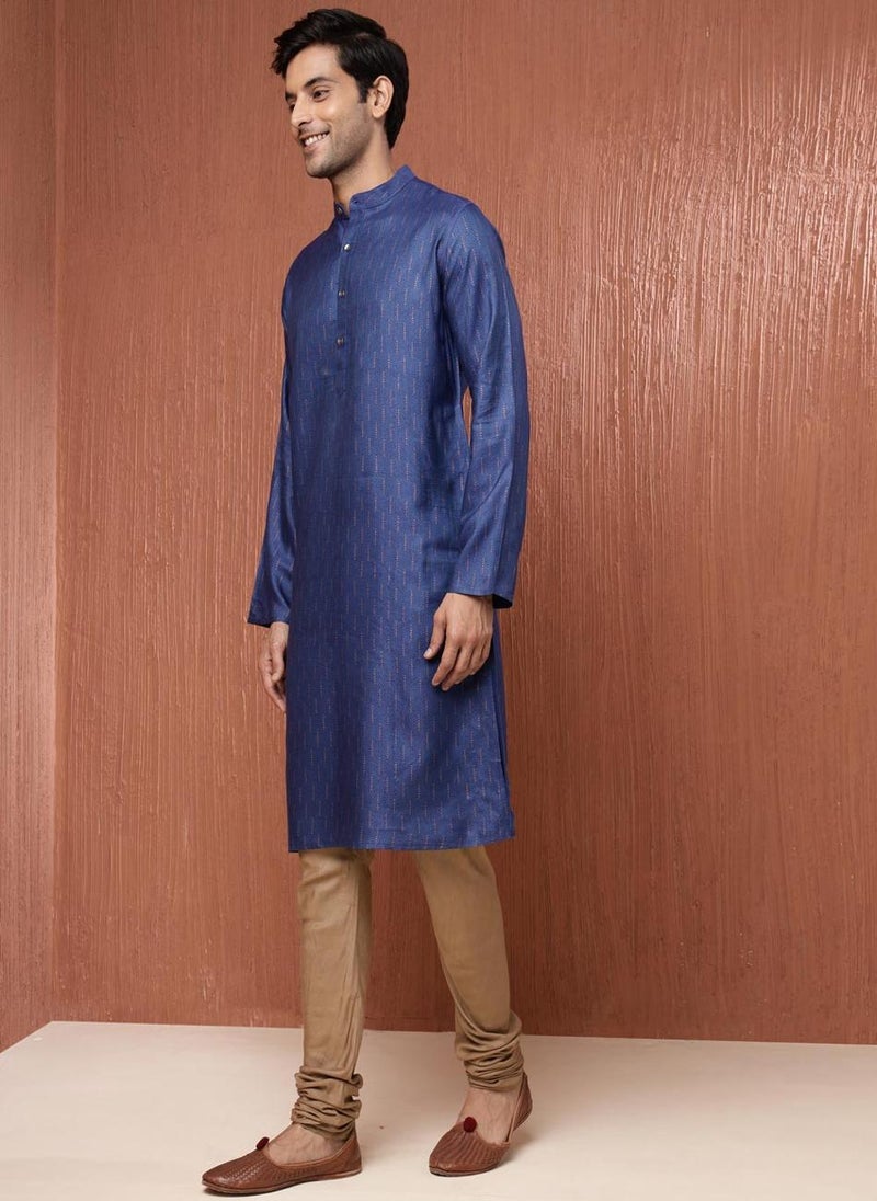 Blue Viscose Silk Hand Block Printed Long Kurta