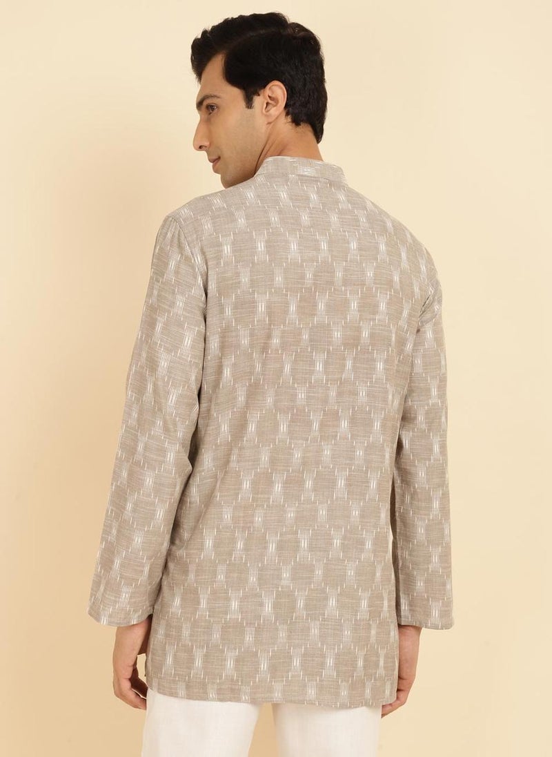 Grey Cotton Ikat Woven Short Kurta