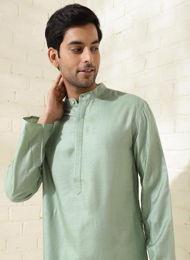 Green Silk Woven Long Kurta