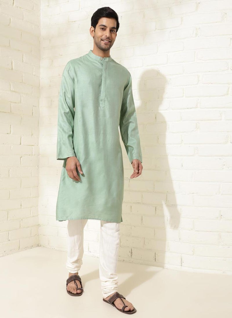 Green Silk Woven Long Kurta