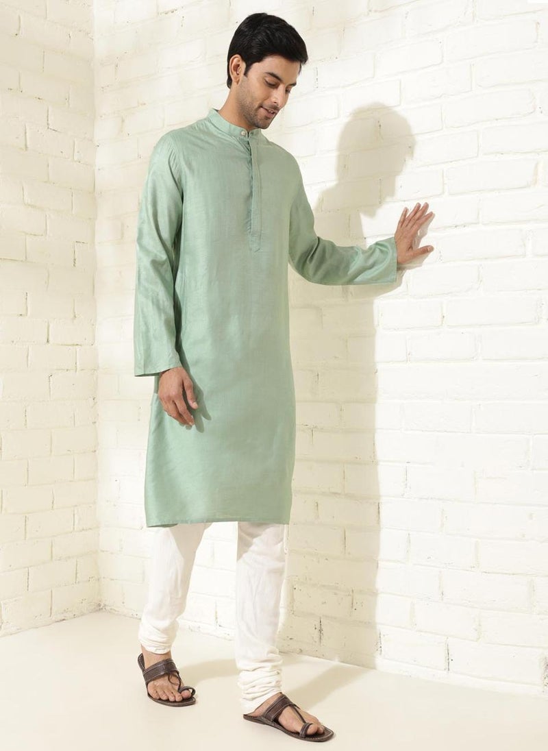 Green Silk Woven Long Kurta