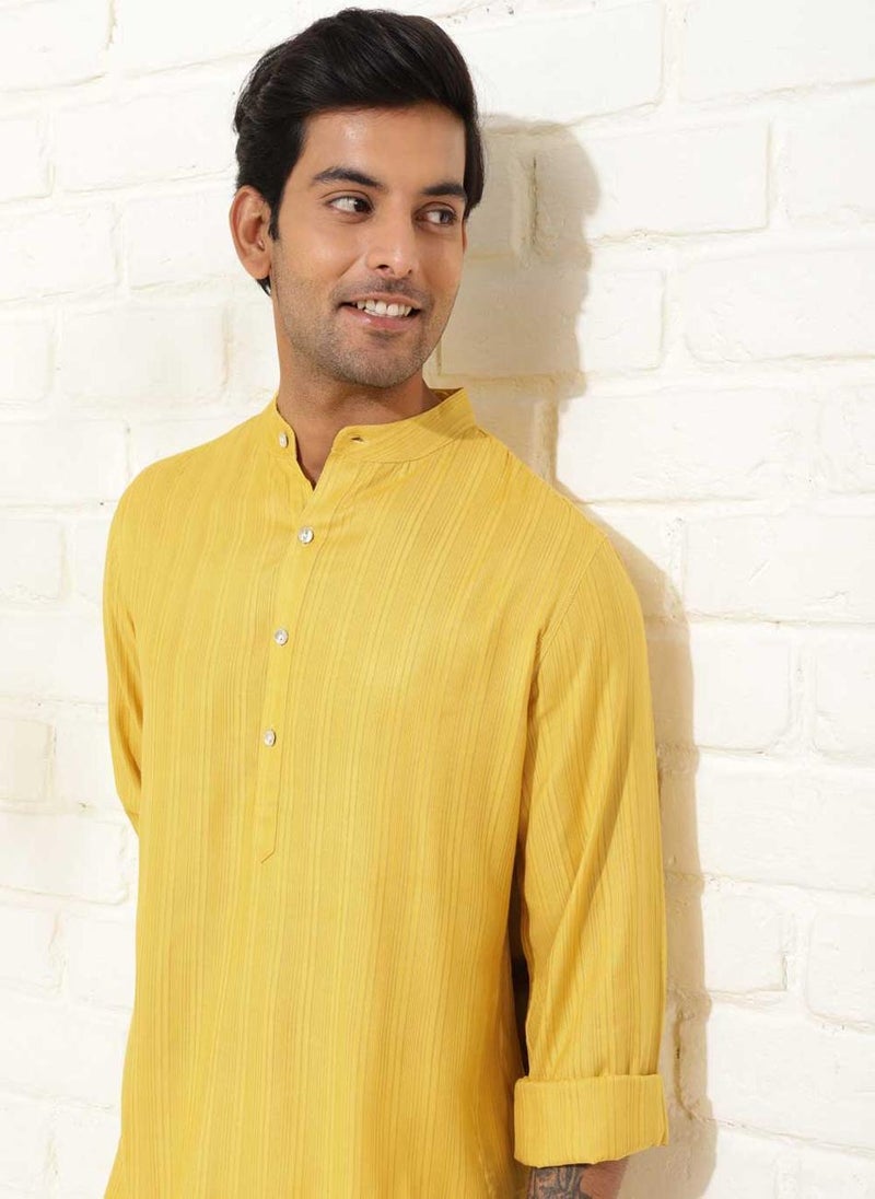 Yellow Viscose Blend Dobby Long Kurta