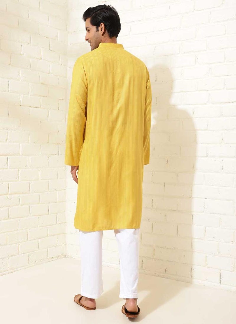 Yellow Viscose Blend Dobby Long Kurta