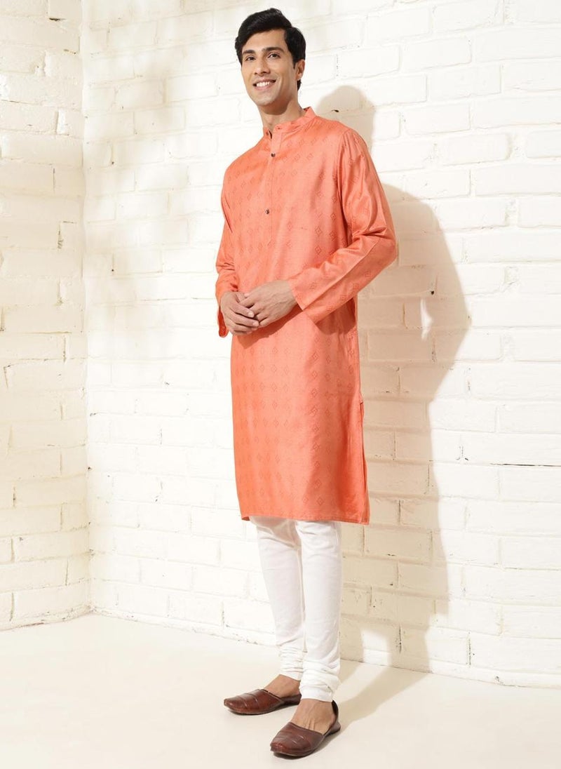 Orange Silk Dobby Long Kurta