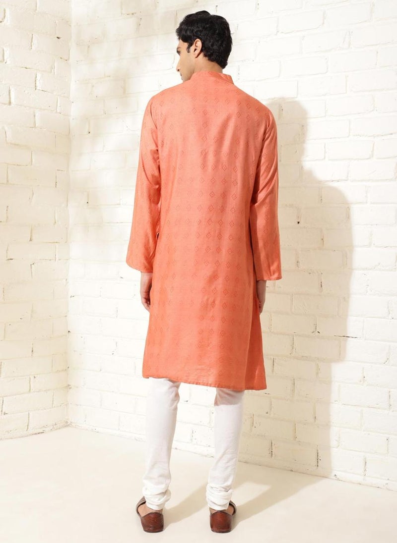 Orange Silk Dobby Long Kurta