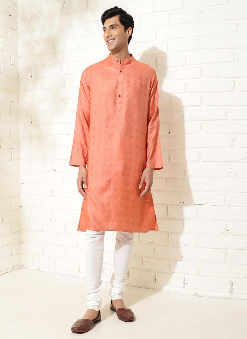 Orange Silk Dobby Long Kurta