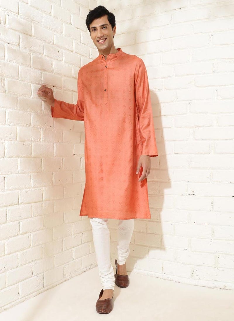 Orange Silk Dobby Long Kurta