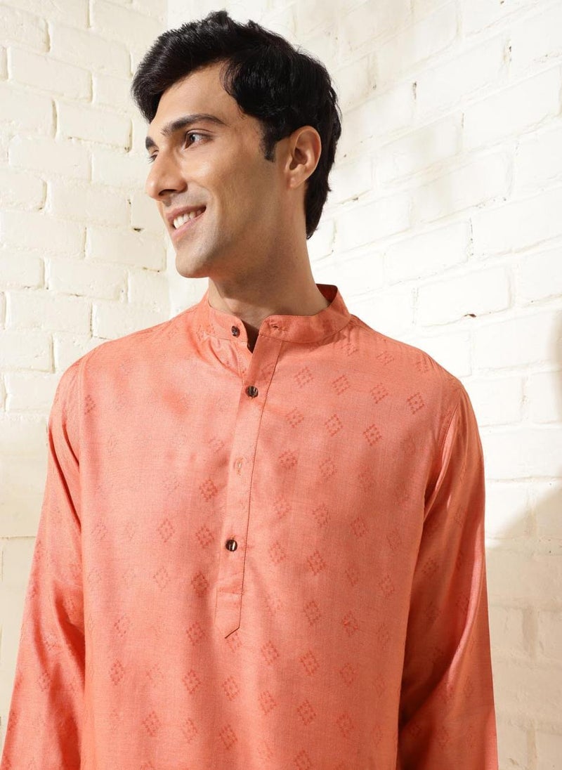 Orange Silk Dobby Long Kurta