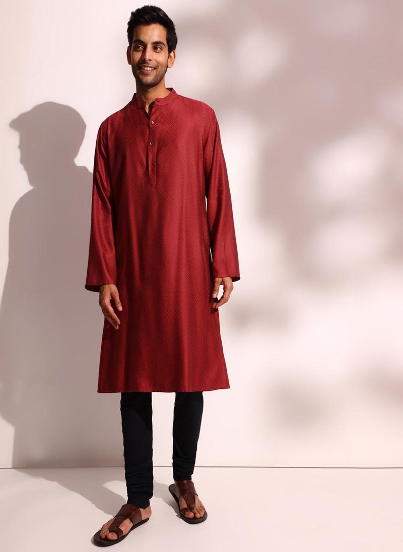 Maroon Viscose Blend Dobby Long Kurta