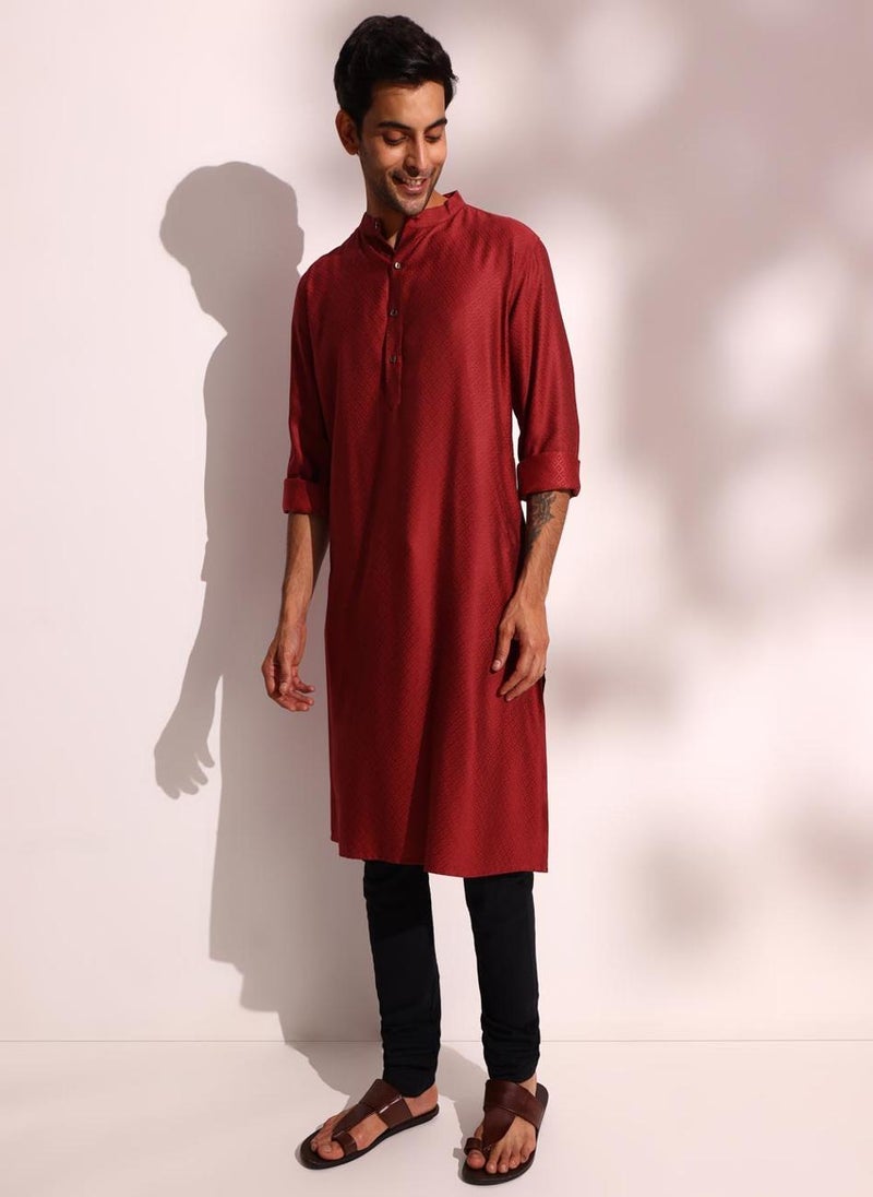 Maroon Viscose Blend Dobby Long Kurta