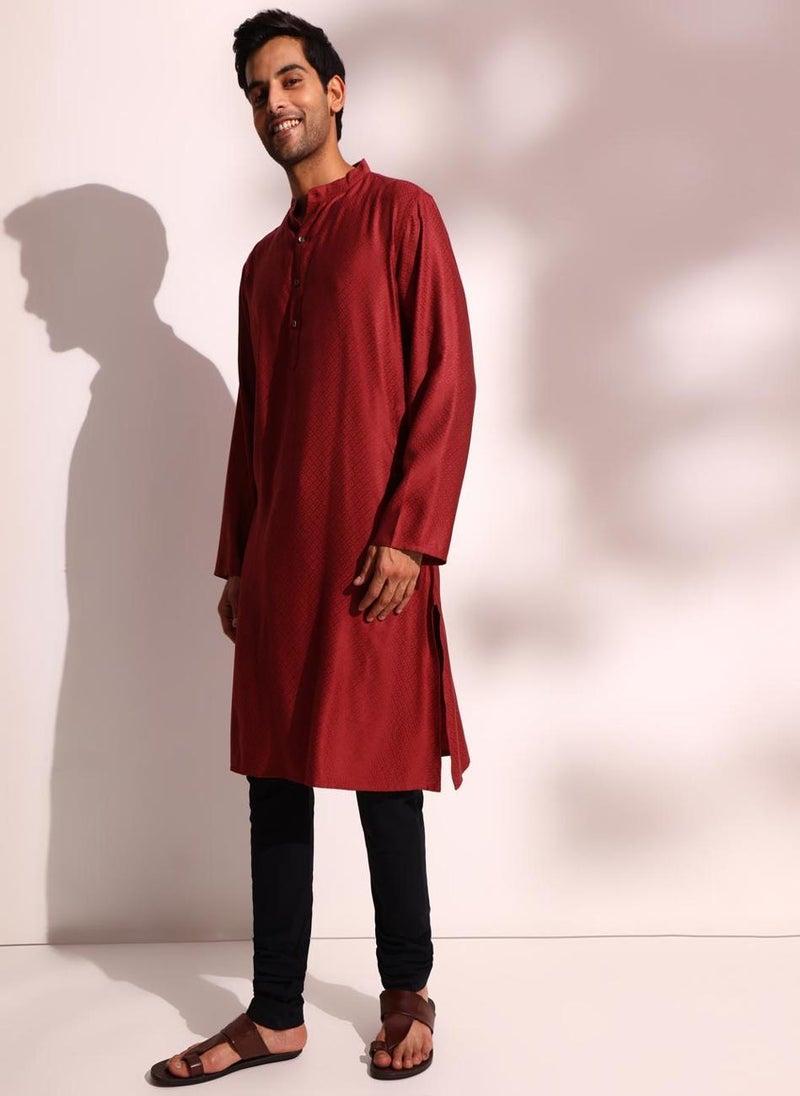 Maroon Viscose Blend Dobby Long Kurta