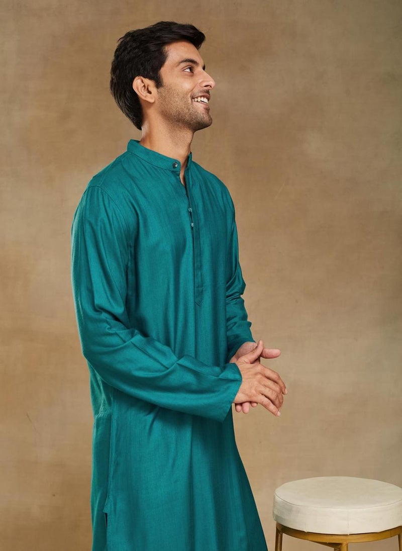 Turquoise Viscose Silk Slim Fit Long Kurta