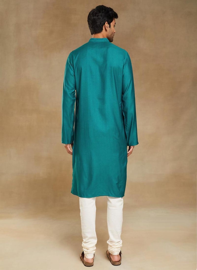 Turquoise Viscose Silk Slim Fit Long Kurta