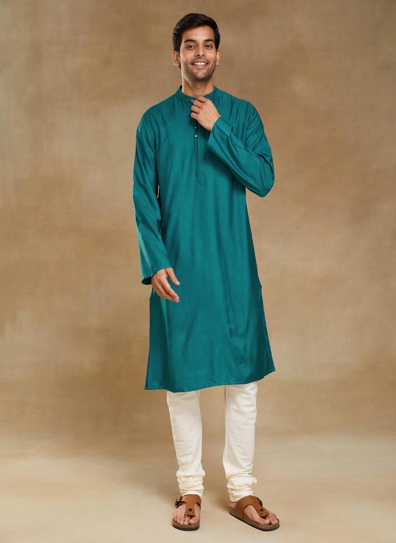 Turquoise Viscose Silk Slim Fit Long Kurta