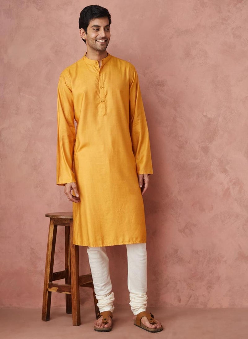 Yellow Viscose Silk Comfort Fit Long Kurta