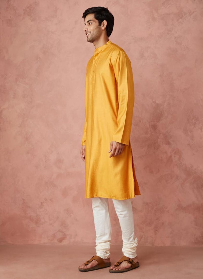 Yellow Viscose Silk Comfort Fit Long Kurta