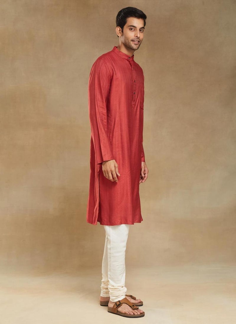 Red Viscose Blend Dobby Slim Fit Long Kurta