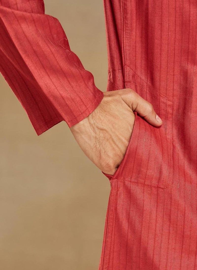 Red Viscose Blend Dobby Slim Fit Long Kurta