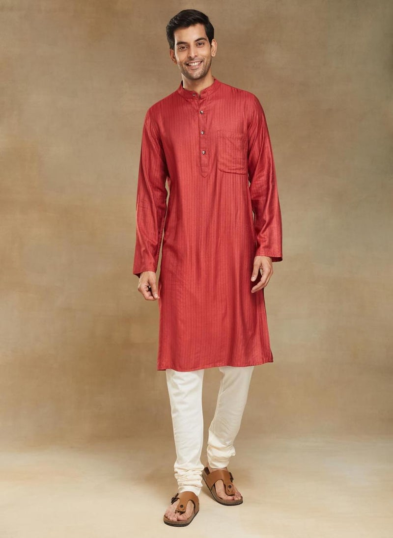 Red Viscose Blend Dobby Slim Fit Long Kurta