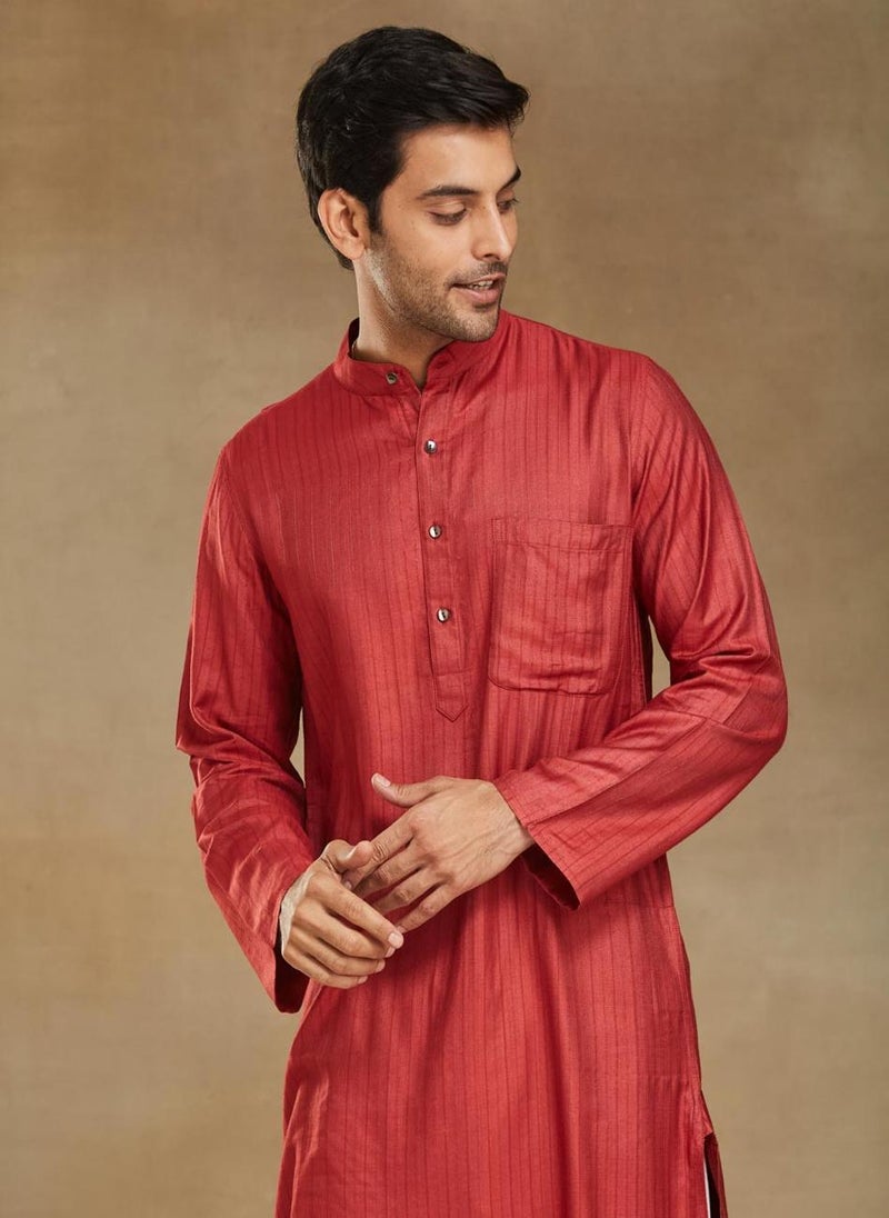 Red Viscose Blend Dobby Slim Fit Long Kurta