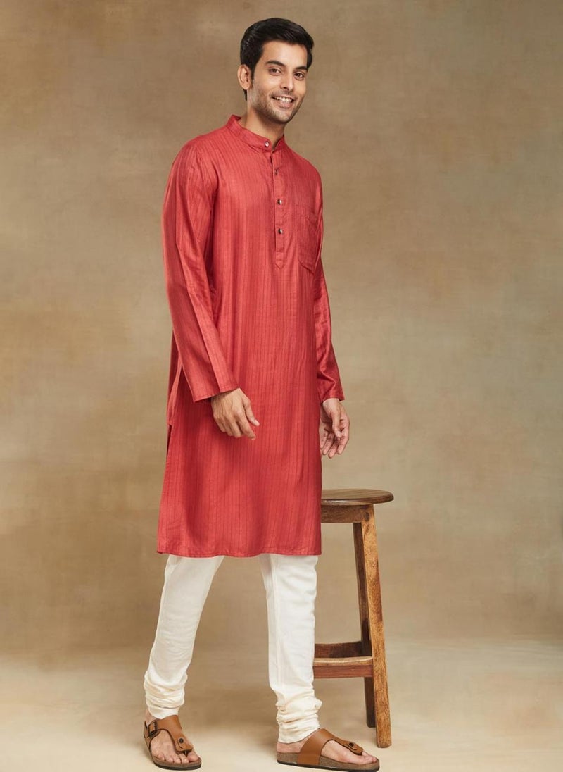 Red Viscose Blend Dobby Slim Fit Long Kurta