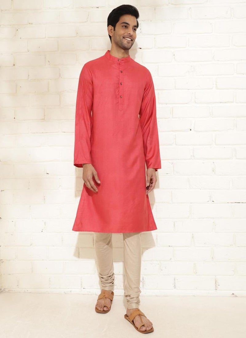 Red Viscose Silk Slim Fit Long Kurta