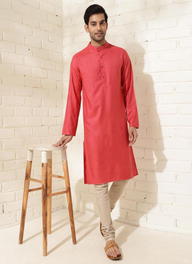 Red Viscose Silk Slim Fit Long Kurta