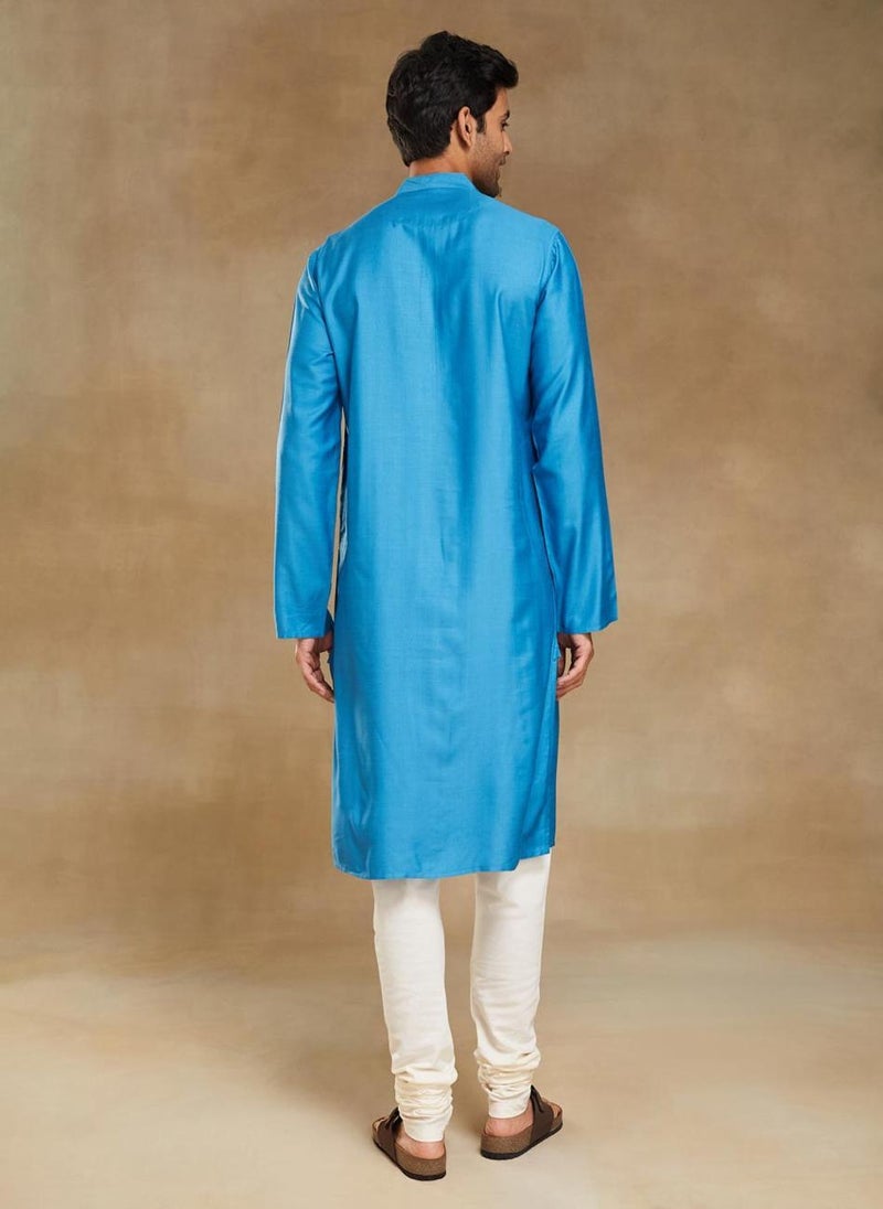 Blue Viscose Silk Slim Fit Long Kurta