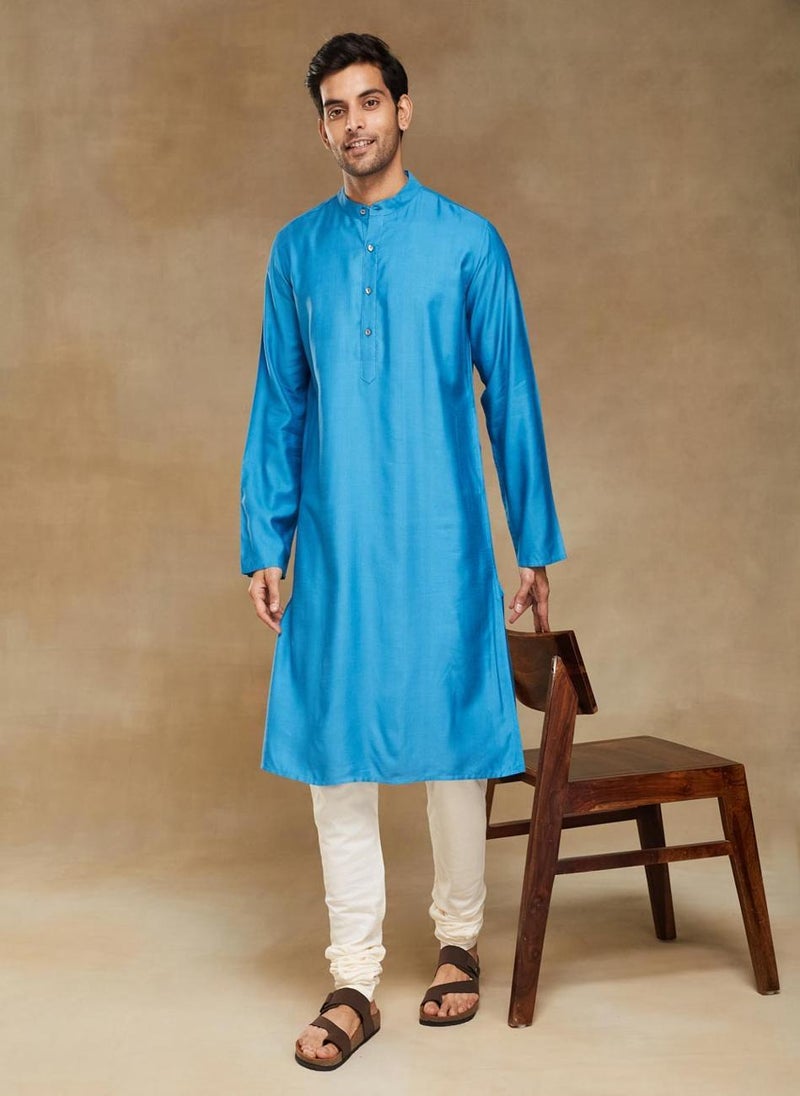 Blue Viscose Silk Slim Fit Long Kurta