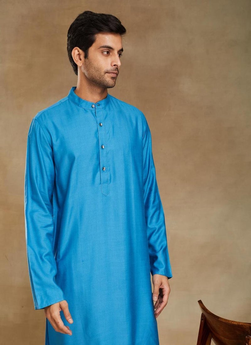 Blue Viscose Silk Slim Fit Long Kurta