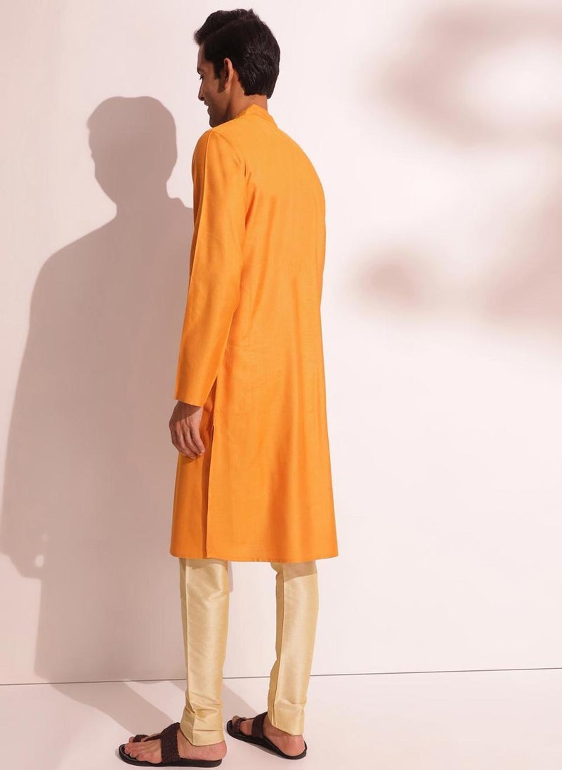 Yellow Viscose Silk Woven Long Kurta