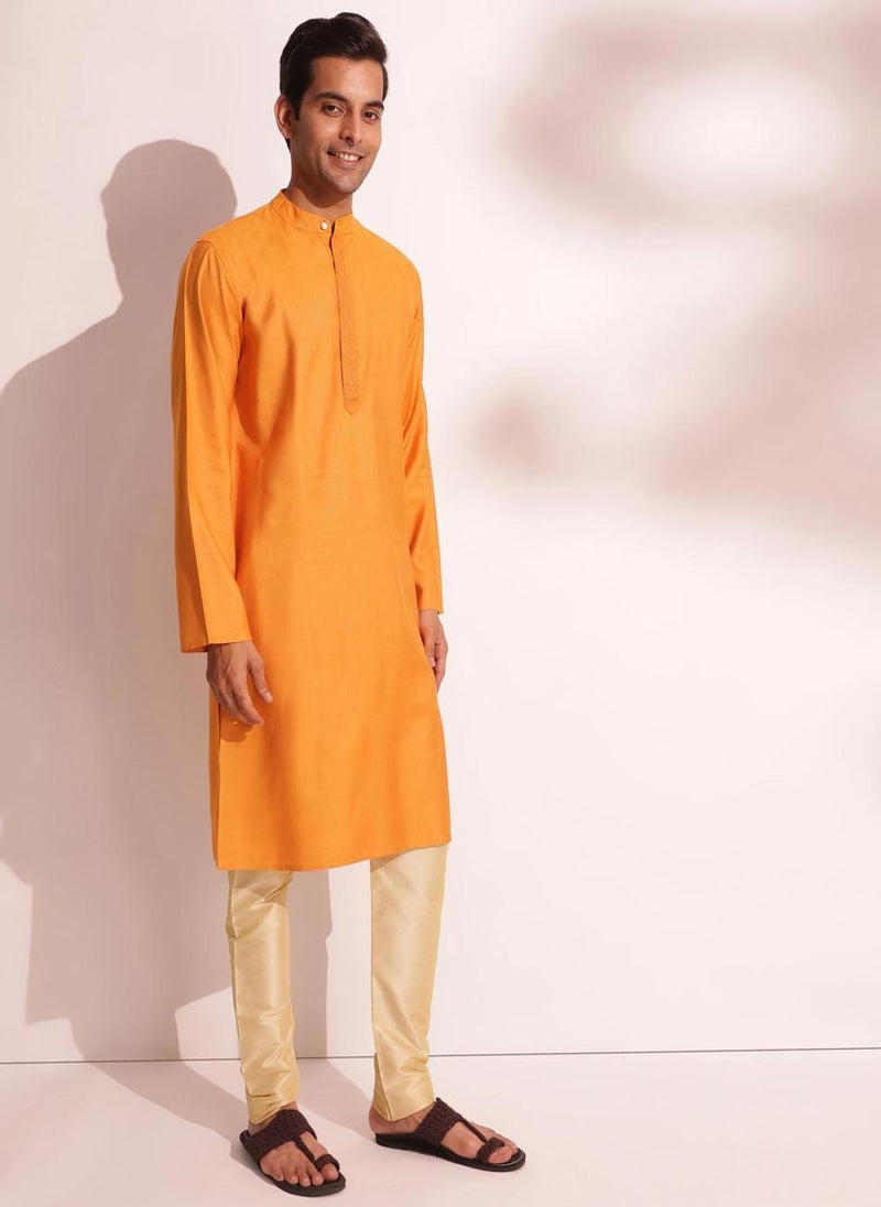 Yellow Viscose Silk Woven Long Kurta