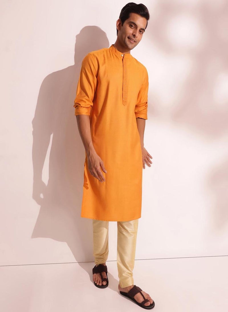 Yellow Viscose Silk Woven Long Kurta