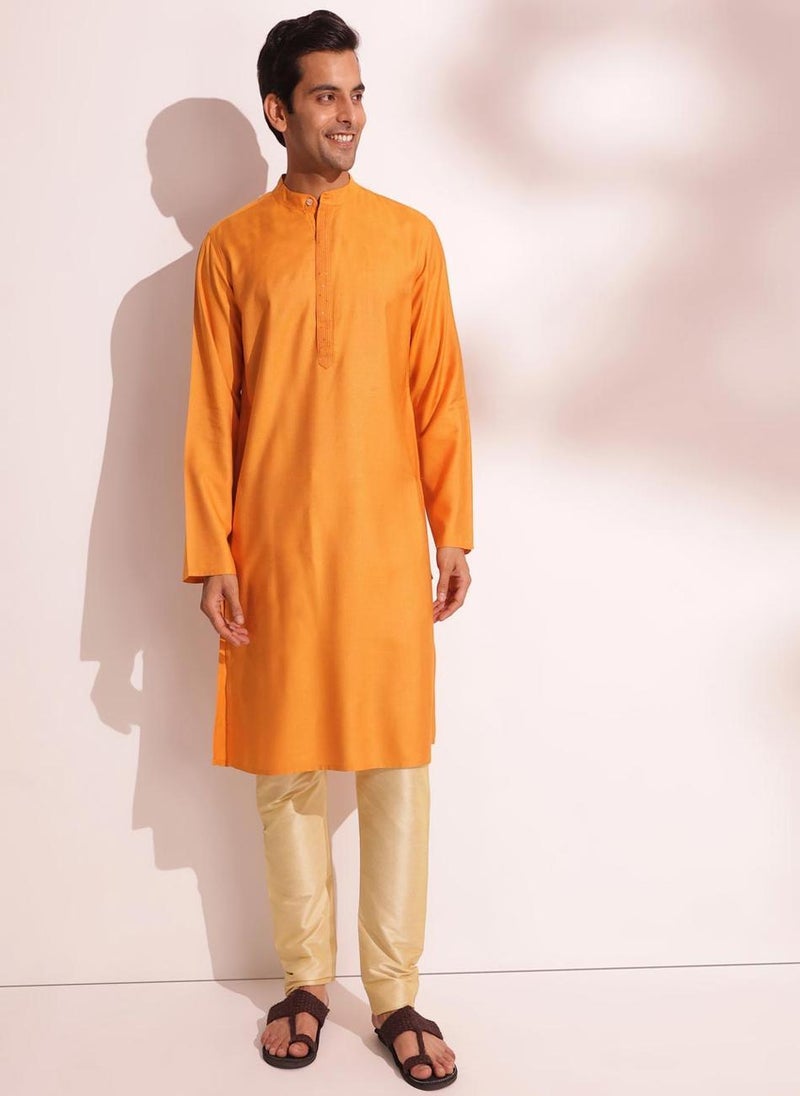 Yellow Viscose Silk Woven Long Kurta