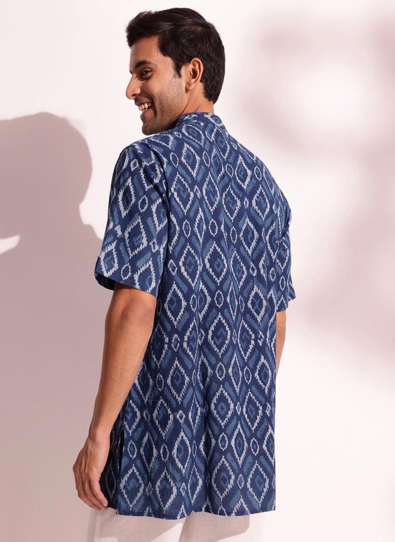 Indigo Cotton Dabu Printed Short Kurta