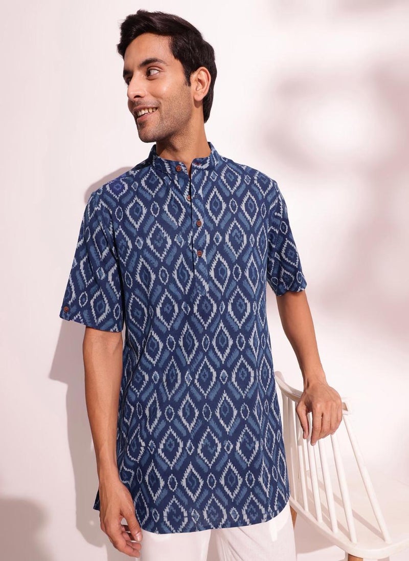 Indigo Cotton Dabu Printed Short Kurta