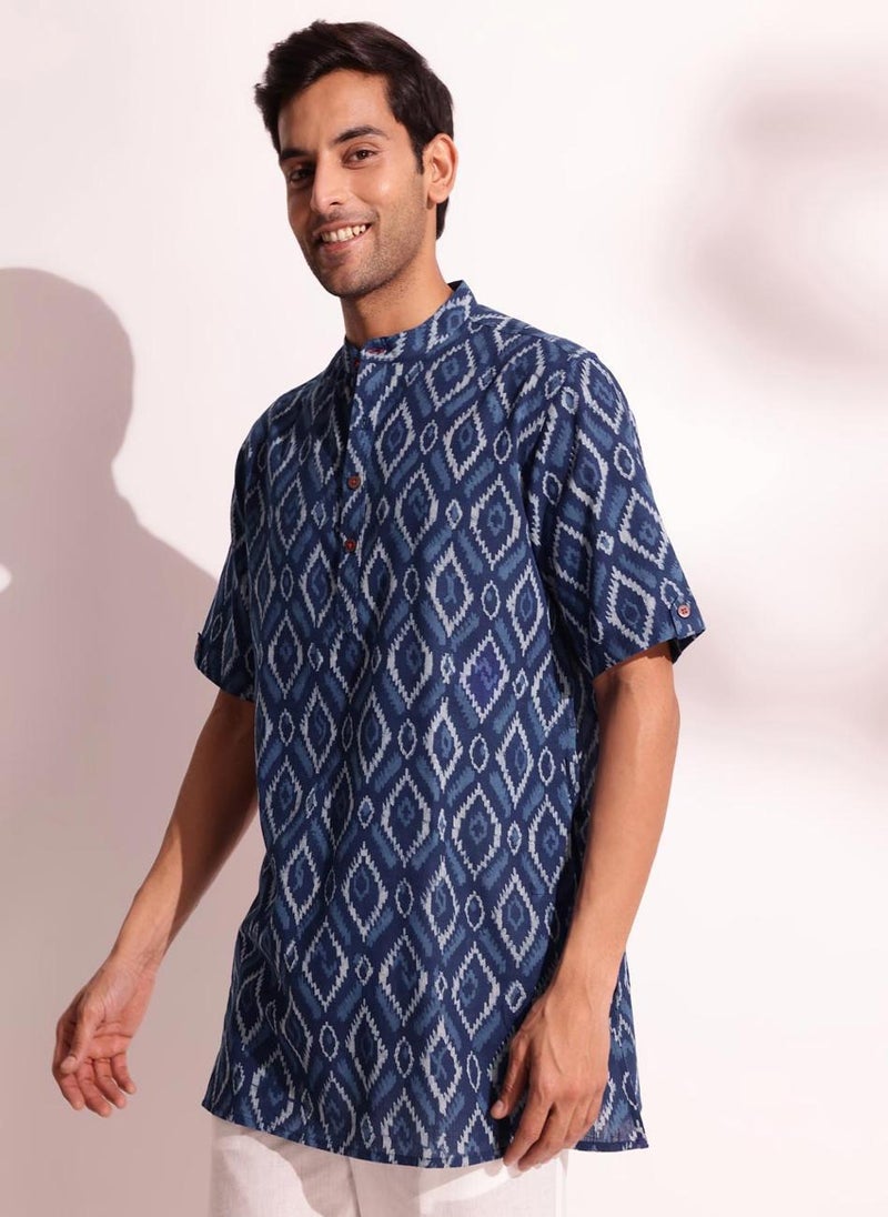 Indigo Cotton Dabu Printed Short Kurta