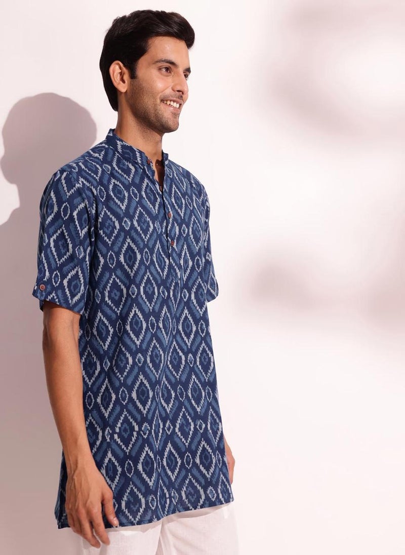 Indigo Cotton Dabu Printed Short Kurta