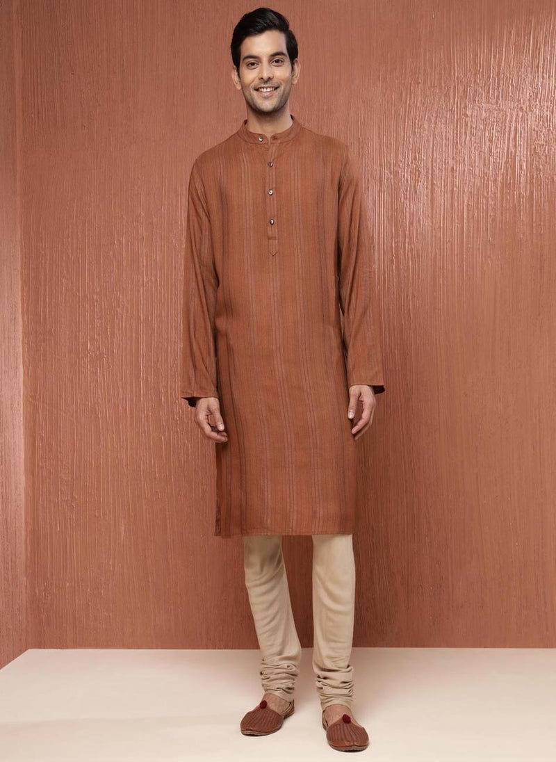 Brown Viscose Blend Dobby Long Kurta