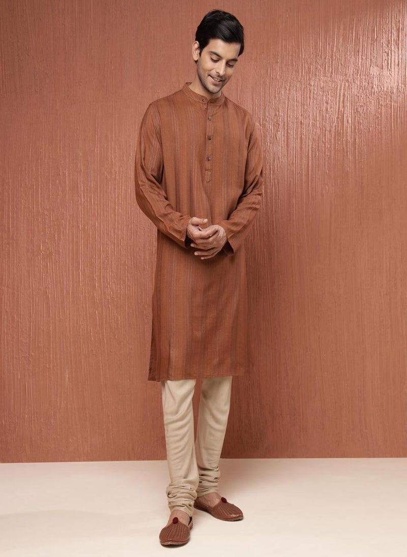 Brown Viscose Blend Dobby Long Kurta