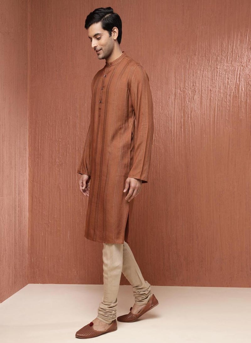 Brown Viscose Blend Dobby Long Kurta