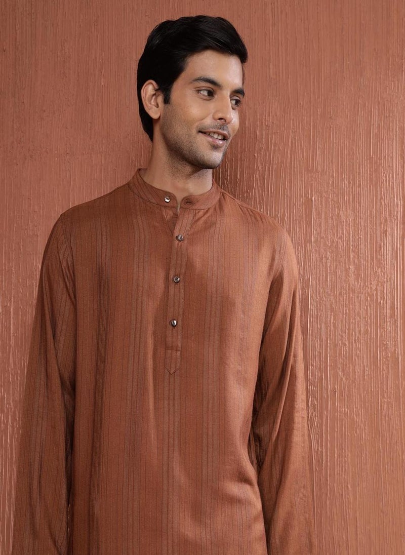 Brown Viscose Blend Dobby Long Kurta