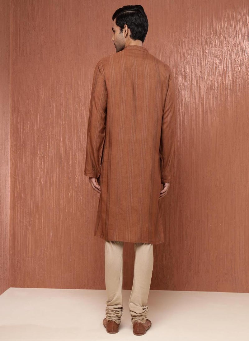 Brown Viscose Blend Dobby Long Kurta