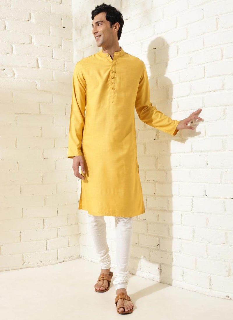 Yellow Viscose Silk Slim Fit Long Kurta