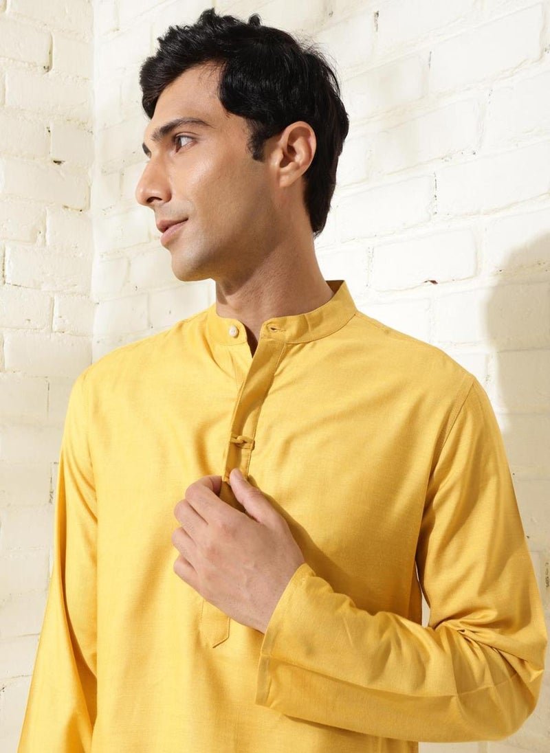 Yellow Viscose Silk Slim Fit Long Kurta