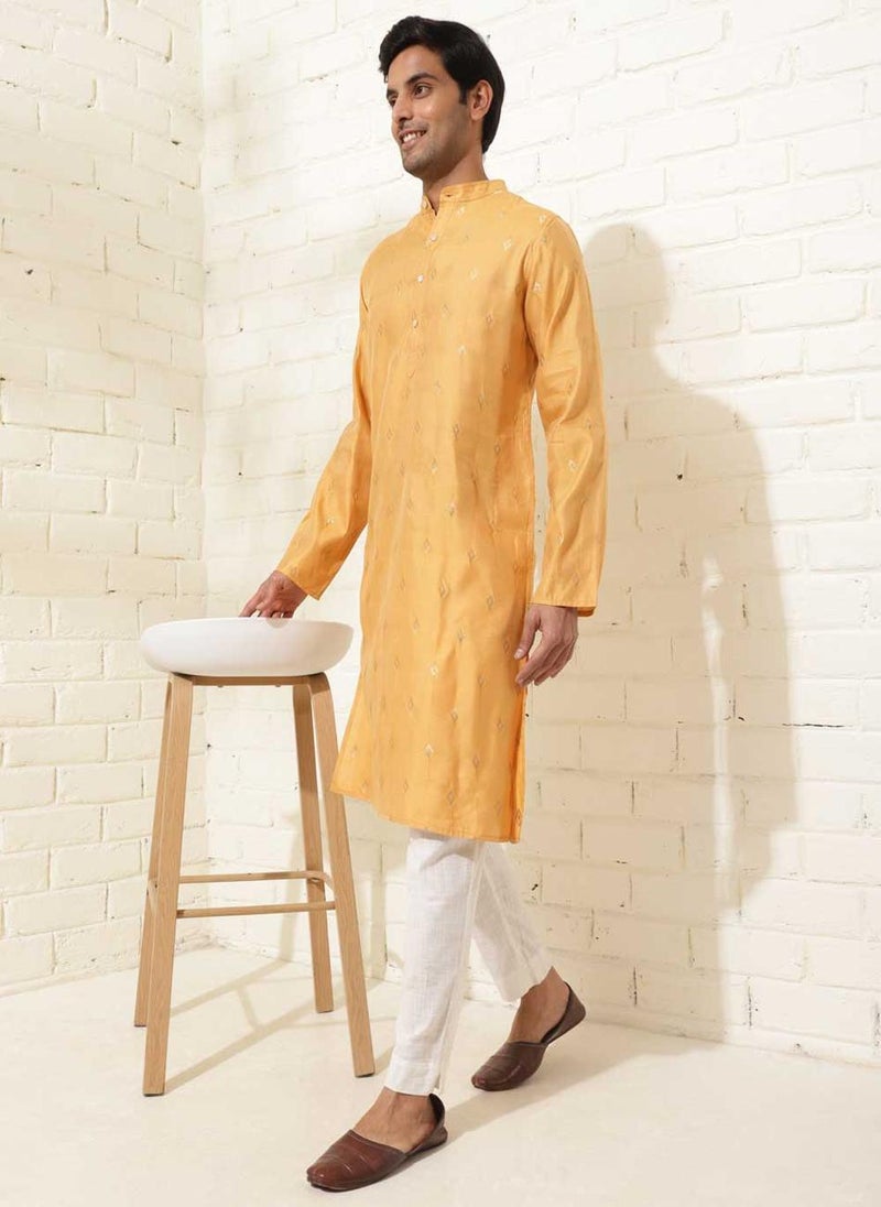 Mustard Viscose Blend Woven Slim Fit Long Kurta