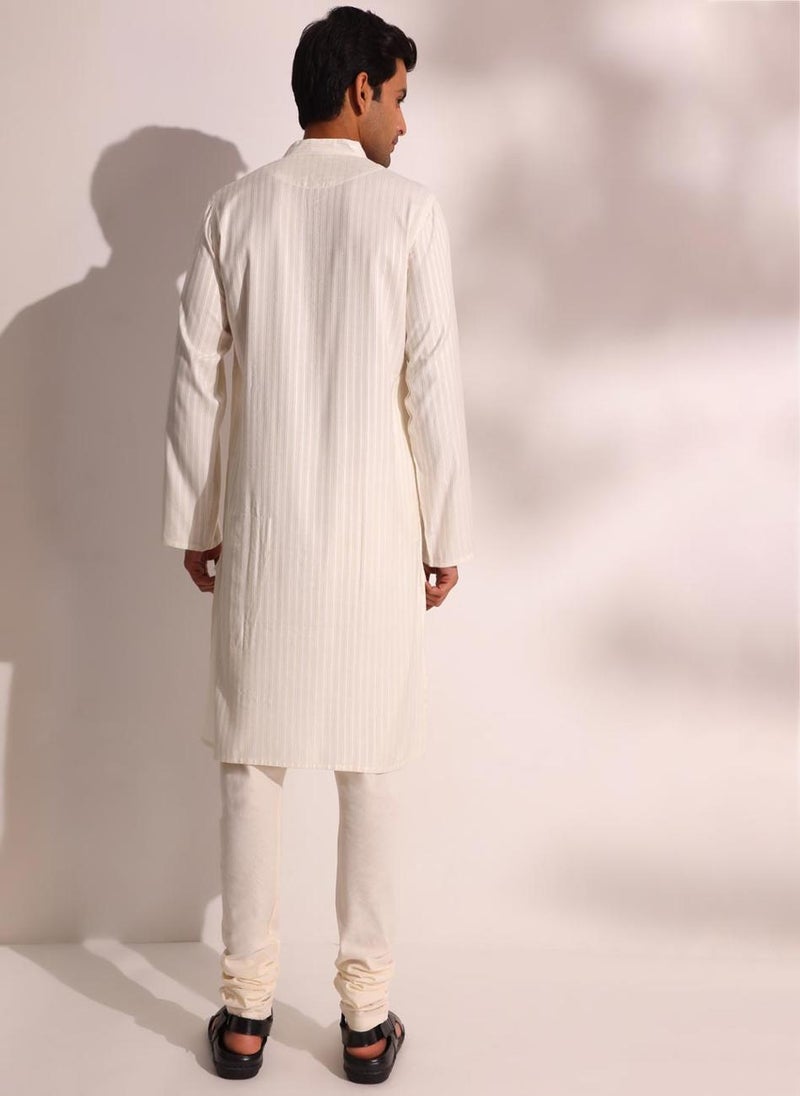 White Viscose Blend Dobby Long Kurta